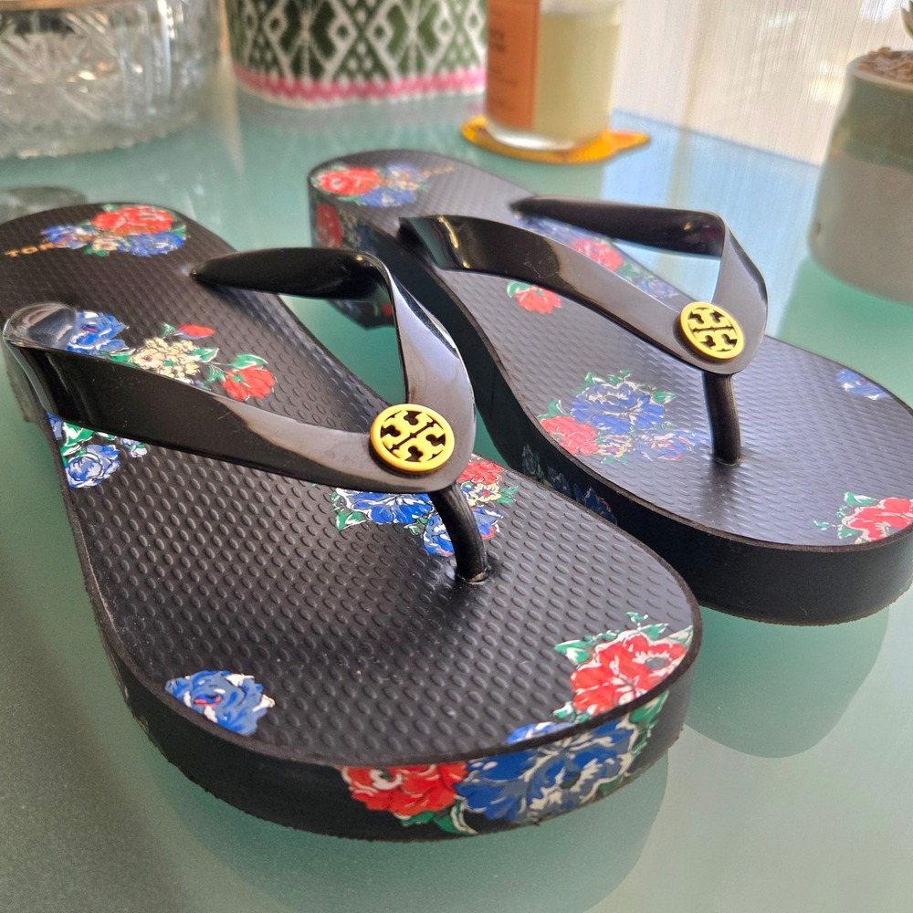 Tory Burch Platform Flip Flops Size 6.5-7 Approx Floral Wedge Logo Sandals